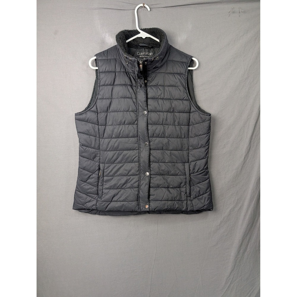 Calvin Klein Performance Womens Puffer Vest Black Quilted Sherpa Collar Large